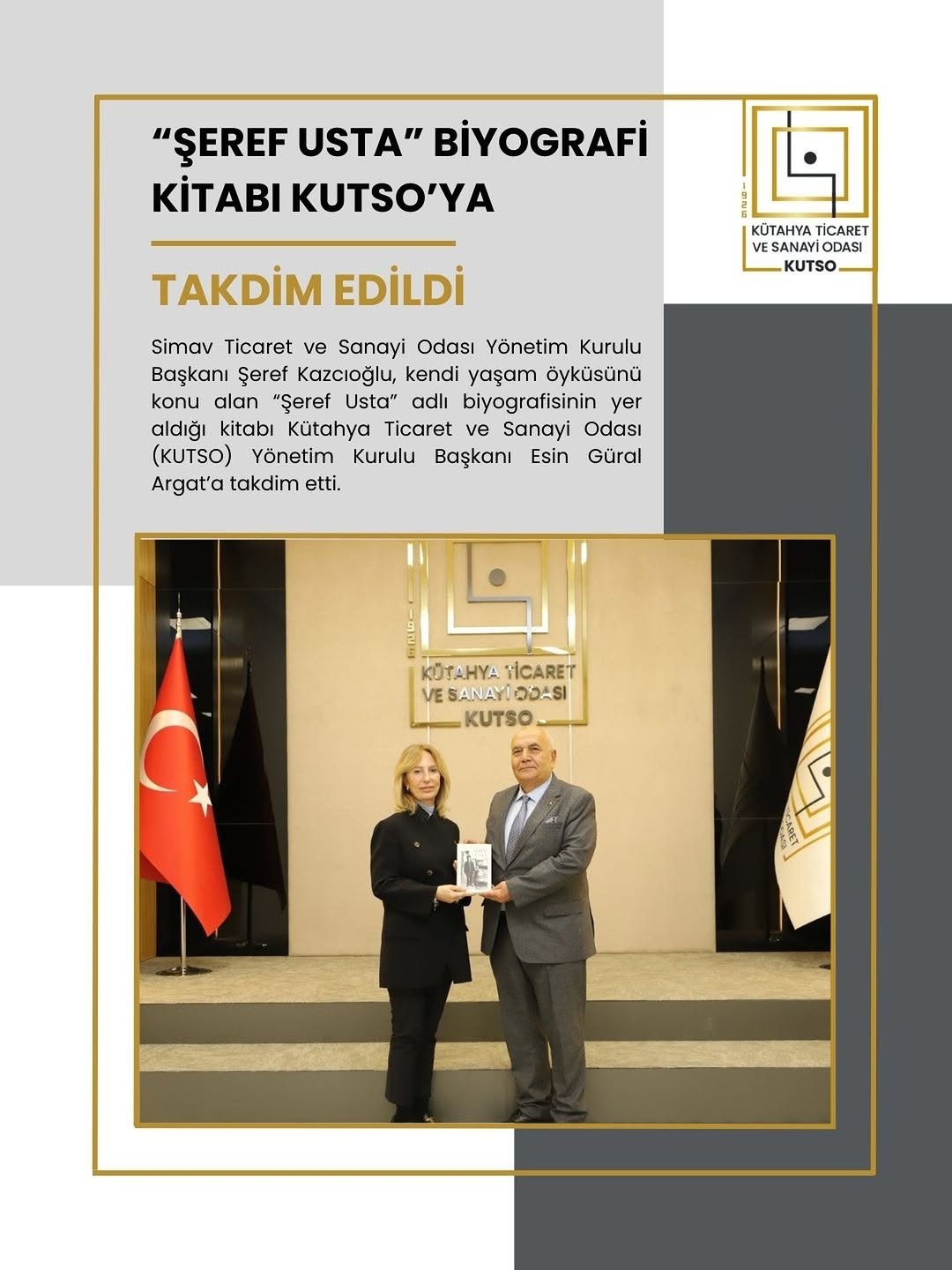 Simav TSO Başkanı Şeref Kazcıoğlu, Kitabını KUTSO Başkanı Esin Güral Argat'a Takdim Etti