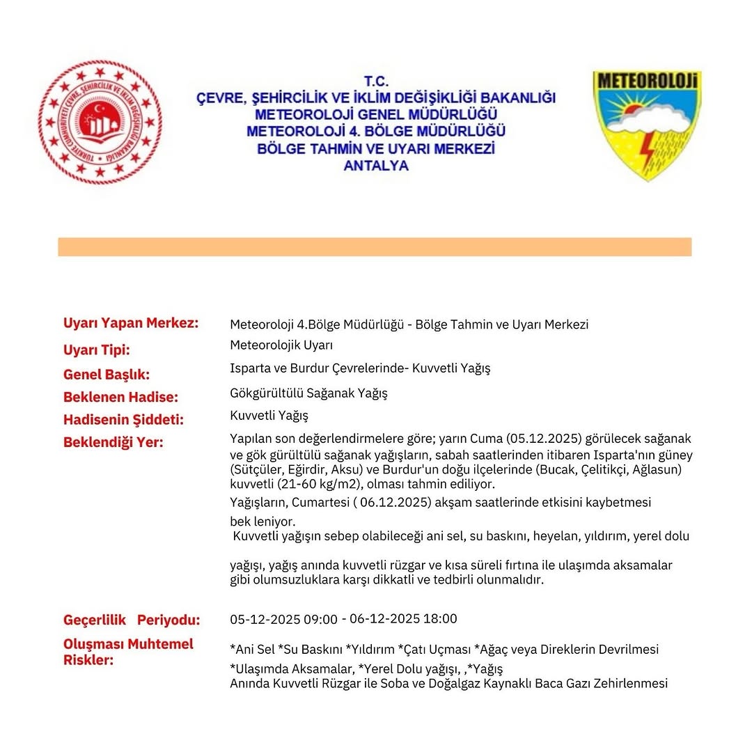 ???? Meteorolojik Uyarı ⚠️ - Isparta ve Burdur için Kuvvetli Yağış Uyarısı